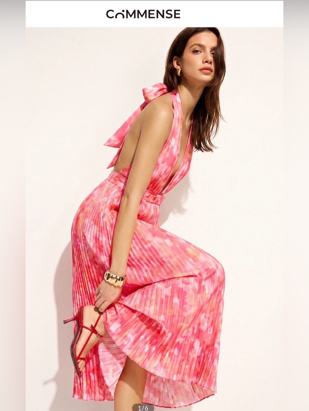 Commense Watercolor Print Pleated Halter Maxi Dress